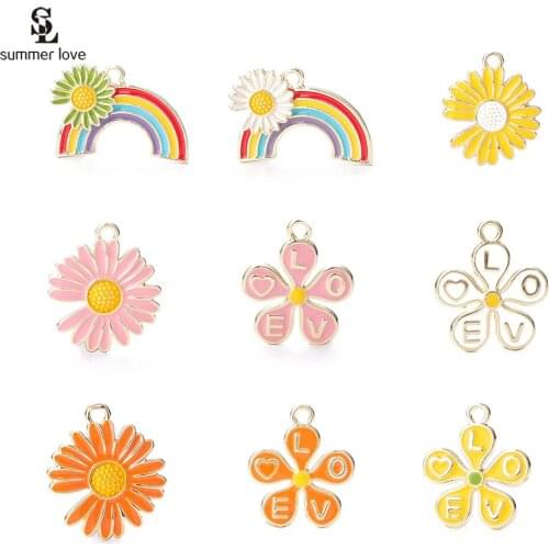 Cute Alloy Enamel Charms Gold Metal Daisy Flower Rainbow Pendants for Earrings Bracelet Making DIY Jewelry Findings Accessories
