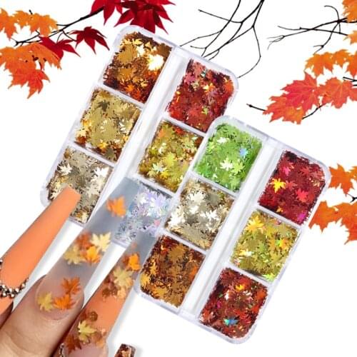 6 Grids Nail Art Sequins 3D Laser Maple Leaf Glitter Set Holographic Gold Red Leaves Paillette Fall Manicure Nails Accessories