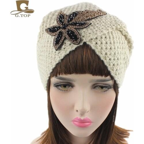 New Fashion Ladies Winter Warm floral Rhinestone hand knit Turban Bling Beanie Crochet Headwrap Women Hat Cap