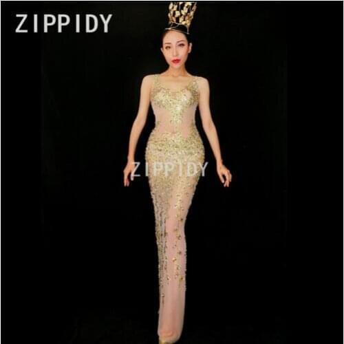 New sexy perspective mesh dress women celebrate see through dress gold rhinestone costume
