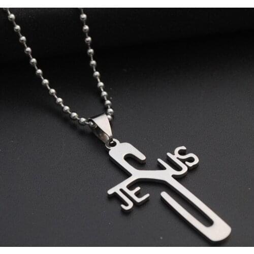 Stainless steel English letter JESUS cross necklace personality letter cross necklace Christian faith English Jesus necklace