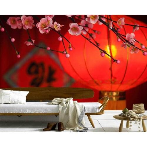 Papel de parede Traditional red lantern and peach blossom Chinese style 3d wallpaper,living room tv bedroom restaurant mural