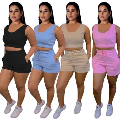 Casual Women Biker Two Piece Set Solid Color Sleeveless Tank And Short Pants Fitness Sportsuit 2021 Summer Clothes
