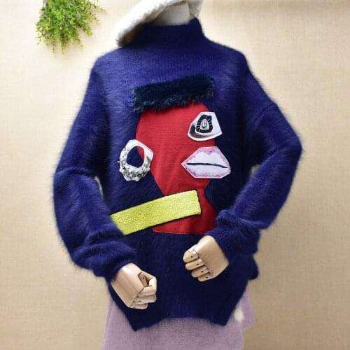 Ladies women fashion hairy turtleneck cute animal slit tail mink cashmere loose pullover angora rabbit fur winter jumper sweater