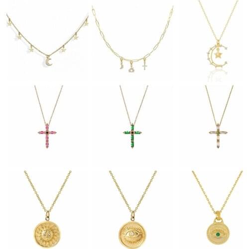 Luxury Copper Moon Star Eye Cross Pendant Necklaces for Ladies Friend Birthday Gift Multilayer Chain Necklace Colgante Collares