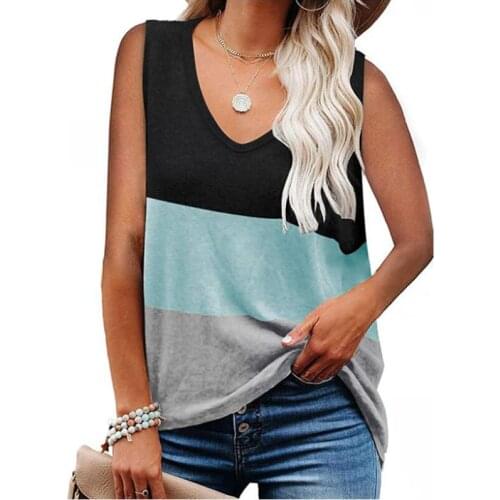 Summer Sleeveless Shirt Women Color Block Printed V-neck Casual Loose Tank Tops Patchwork Vest Pullovers female Clothing