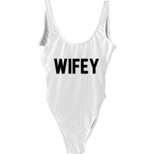 WIFEY Letter Print Swimsuit Women One Piece Bathing Suit Summer Beachwear Sexy Bodysuit monokini Swimwear Higt Cut Low Back 2021