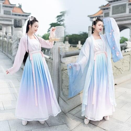 Tradition Hanfu Woman Daily Embroidery Double-breasted Camisole Gradual Change Waist Skirt Can Stripping