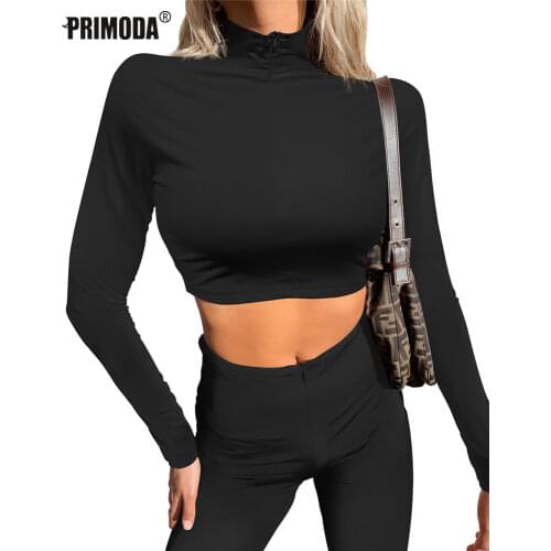 Harajuku Black White T Shirt Women Spring Autumn Crop Tops Sexy Zipper Basic Party Club Full T-Shirts Femme High Neck PR219M