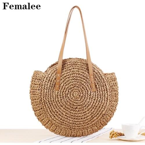 FEMALEE Round Straw Beach Bag Vintage Handmade Woven Shoulder Bag Raffia circle Rattan bags Bohemian Summer Vacation Casual Bags