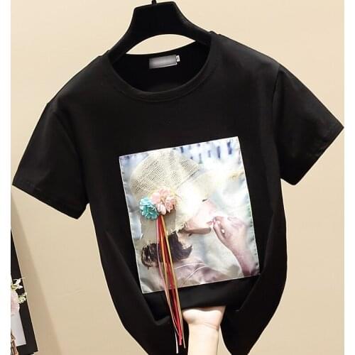 Ladies Tops 2021 Tee Shirt Short Sleeve Summer T shirt Women Tops Applique Korean Clothes Woman Tshirts Cotton Y2K New Fashion