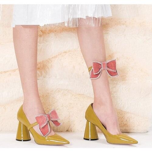 Ladies Elastic Bowtie Pumps Rhinestone Big Velvet Butterfly Knot Cone Heels Patent Leather High Heels Pointed Toe Mujer Zapatos