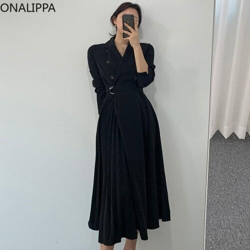 ONALIPPA Women Dress 2021 Autumn Korean Minimalist Temperament Suit Collar Double-Breasted Lace-Up Waist Slim Pleated Vestidos