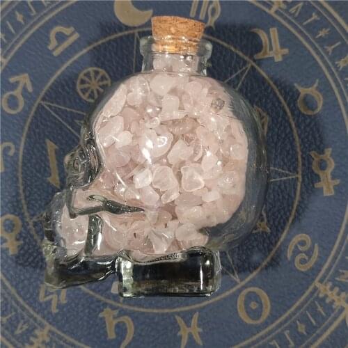 1pc Natural Rose Quartz Gravel Skulls Shape Energy Bottle Pink Crystal Healing Lucky Crafts Wishing Bottle