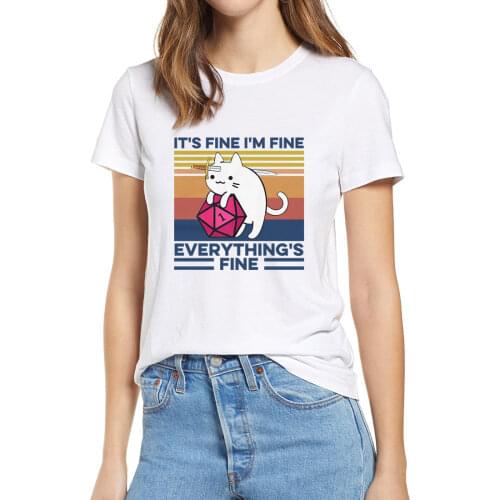 100% Cotton Its Fine I'm Fine Everything is Fine Cat with Knife Hug Dungeon Funny Summer Womens T-Shirt Humor Gift Tops Tee
