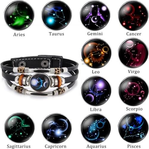 2021 Fashion Jewelry Stainless Steel 12 Zodiac Bracelets for Women Charm Multi-layer Weave Leather 12 Constellations Bracelet