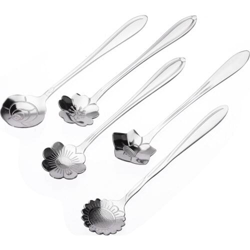 5pcs Metal Sliver Flower Shape Coffee Spoon Stainless Steel Tea Spoon Ice Cream Kitchen Scoop Decor