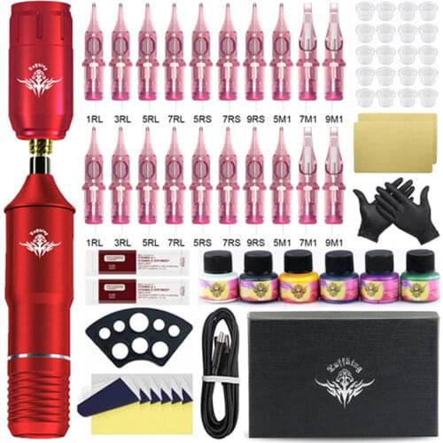 Wireless Tattoo Machine Kit with Cartridges Professional RCA Interface Rotary Tattoo Pen for Permanent Makeup Machine Body Art