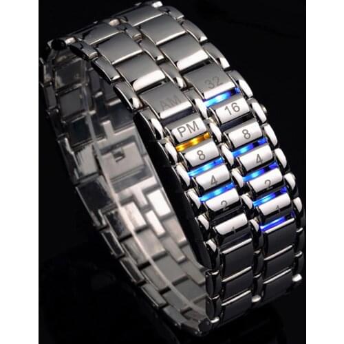 Fashion Lava Iron Samurai Watch Men Binary Led Watches Stainless Steel Band Electronic Wristwatches Men Sports Bracelet Watches