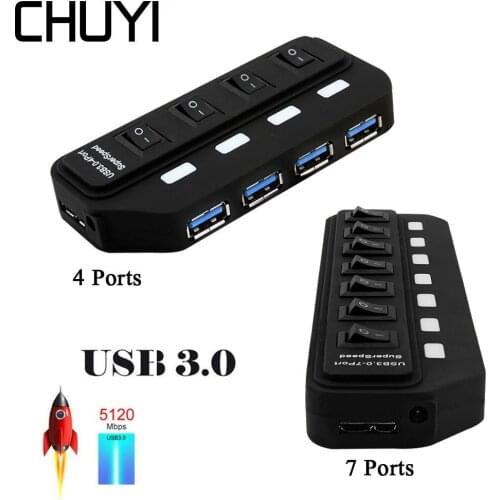 CHUYI 7/4 Ports USB3.0 Hub Super Speed Multi USB Splitter With LED Light On/Off Switches Adapter For PC Computer Accessories