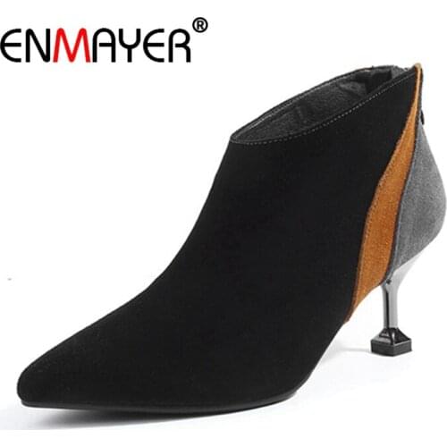 ENMAYER Ankle boots Shoes Woman High Heels Pointed Toe Winter Boots Solid Motorcycle Boots Thick Heels Size 33-40 Metal CR1681