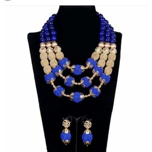 Fantastic Royal Blue African Beads Jewelry Set for Nigerian Wedding Duba Gold Beaded Statement Necklace Set Gift WE186
