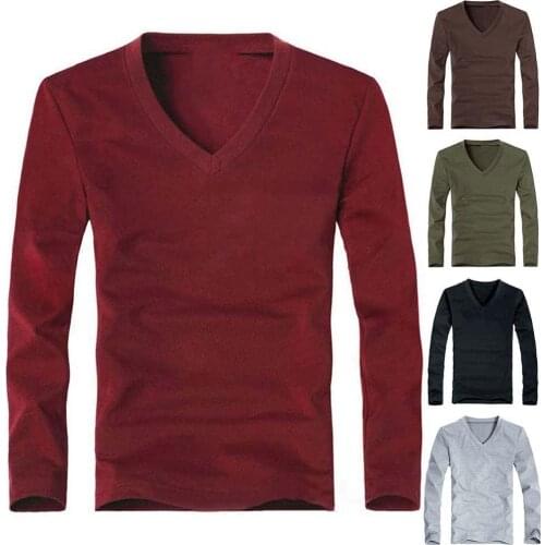 Plus Size 5XL T-Shirt Men Solid Color Long Sleeve T-shirts Men Casual V Neck t shirt for Men Slim Bottoming Top Men Clothing