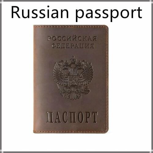 Russian Emblem logo Passport Cover Bilingual Version Designed for Vintage Natural Crazy Horse Leather Card Holder Passport Case