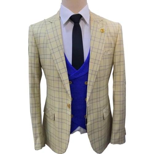 Men suits Autumn 2020 Fashion plaid print British style 3 pcs blazer with pants set Wedding party Dress prom Tuxedo suit