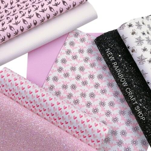 New Rainbow Pre-order For Happy Halloween Pink Flying Bats Spiderweb Faux Leather For DIY Making Bows, Earrings, Homedecor
