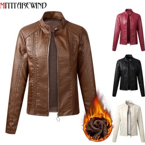 Autumn Winter PU Leather Jacket Women Fashion Short Style Slim Fit Fleece PU Leather Coat Female M-XXL Moto&biker Brown Jacket