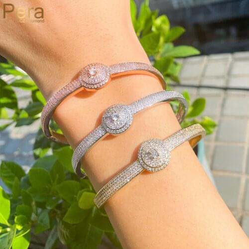 Pera Exquisite Round Charm Design Cubic Zirconia Pave Gold Color Big Open Cuff Bangles for Women Fashion Indian Jewellery Z072