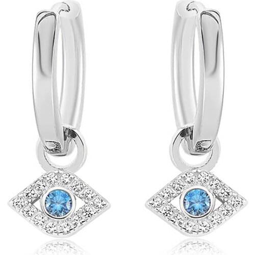 Valori JewelsEvil Eye, Zirconia White And Fancy Blue Gemstone, Rhodium Plated, Sterling Silver Small Plain Hoop Charm Earrings