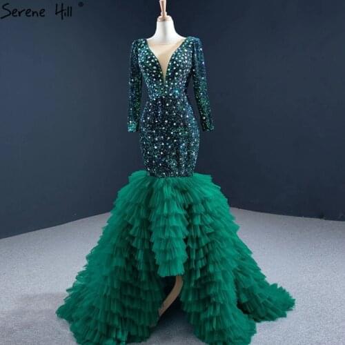 Serene Hill Dubai Green Mermaid Tiered Evening Dresses 2020 Long Sleeves Beading Formal Dress Design HM67186
