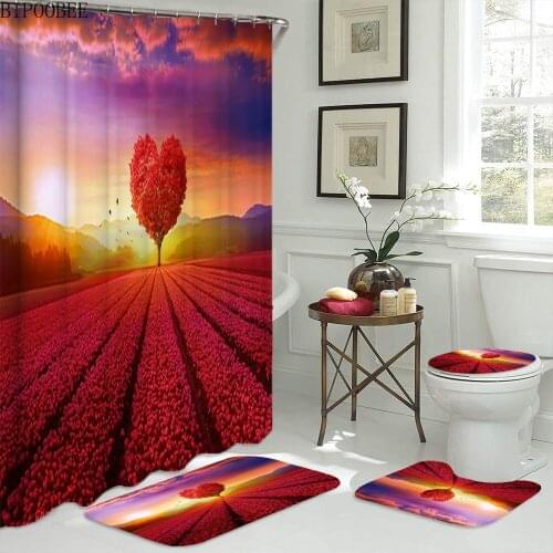 Red Love Tree Fabric Shower Curtains Waterproof Beautiful Flowers Bathroom Curtain Flannel Toilet Cover Non Slip Carpet Bath Mat
