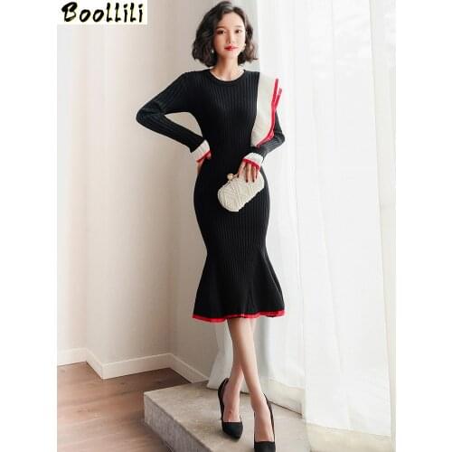 Boollili Vintage Knitted Black Dress Women Clothes 2020 Spring Autumn Sexy Party Midi Dress Elegant Ladies Dresses Vestidos