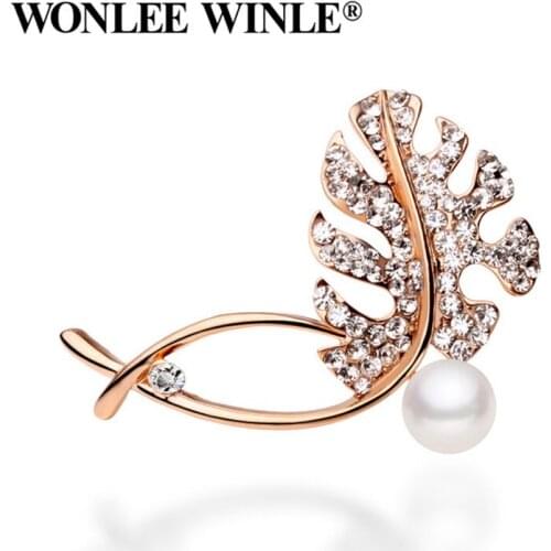 Wonlee Winle TOP Quality Full Rhinestone Austria Crystal Pearl Leaf Brooches for Women Fashion Jewelry
