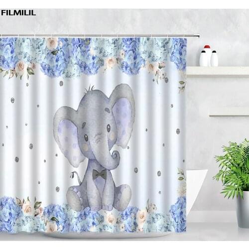 Cartoon Elephant Kids Shower Curtains Set Creative Watercolor Animal Blue Flowers Children Bathroom Decor Polyester Bath Curtain