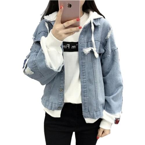 Spring Autumn Women Denim Jacket Loose Hole Cloth Hooded Jean Jacket Short Coat Female