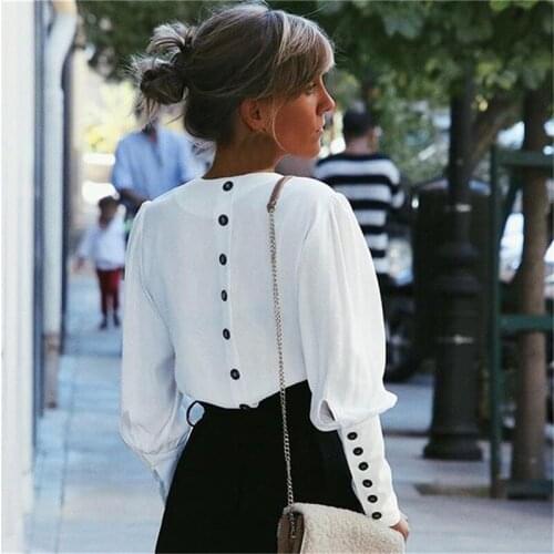 V-Neck Women Blouse Shirts Puff Sleeve Button White Blouse Summer Autumn Lady Shirt Top Female Office Chiffon Blouse Tops