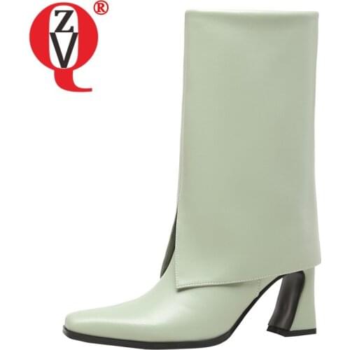 ZVQ Women winter New Style Fashion Mid-tube boots Solid color small Square Toe Genuine Leather Concise Comfortable office lady