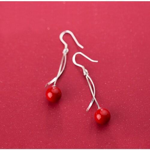 MloveAcc Genuine 925 Sterling Silver Hook Earrings for Women Fashion Red Pearl Drop Earrings Party Jewelry