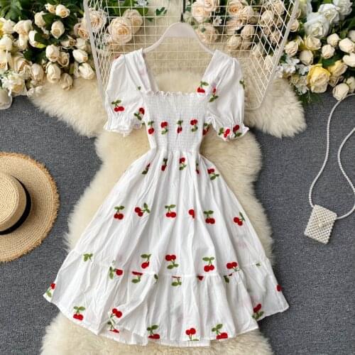 Strawberry Dress Cherry Kawaii Embroidery Puff Sleeve Women Vintage White Square Neck Beach Dresses The New 2021 Korean Clothes