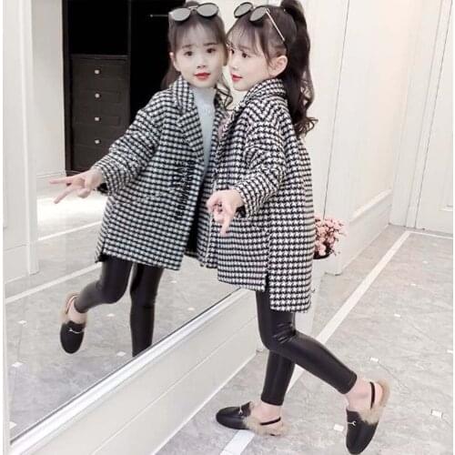 2020 Kid Girl Jackets Winter Wool Long Coat for Girls Teens Autumn Jacket Warm Outerwear Children Girls Plaid Windbreaker