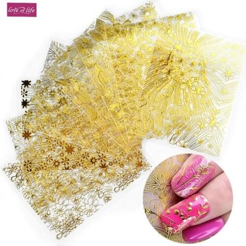 8 Pcs/set Natural Life Blooming Flower Design Embossed 3D Metallic Nail Stickers Adhesive Nail Art Decoration