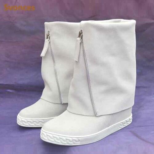 Fashion Height Increasing Lady Boots Genuine Leather Black White Luxury Platform High Heel Wedge Shoes Brand Womens Casual Shoes