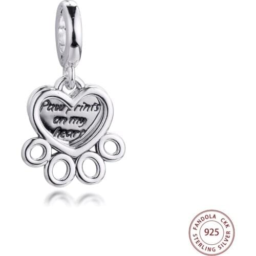 Fits Pandora Bracelet Charms 925 Original Sterling Silver Hearts & Paw Print Dangle Beads DIY Fine Jewelry Making Bijoux Femme