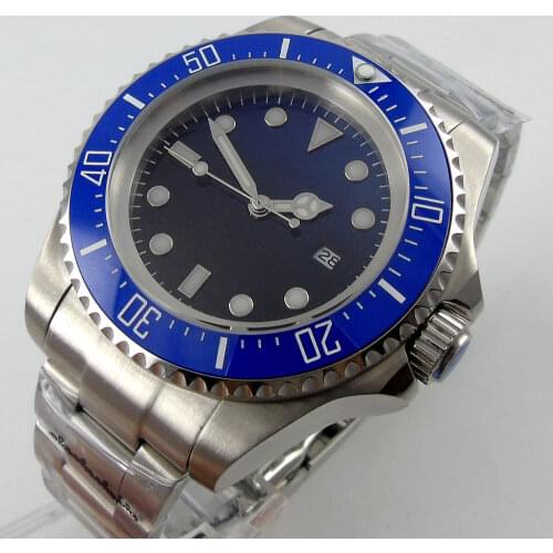Solid 44MM Black Blue Sterile Dial Ceramic Bezel Mechanical Watch Luminous Marks Automatic Movement Mens Watch