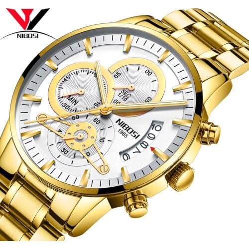 NIBOSI Wrist Watch Man Luxury Brand Quartz Watch Gold Full Steel Band Men Sports Watches White Reloj Hombre Acero Inoxidable
