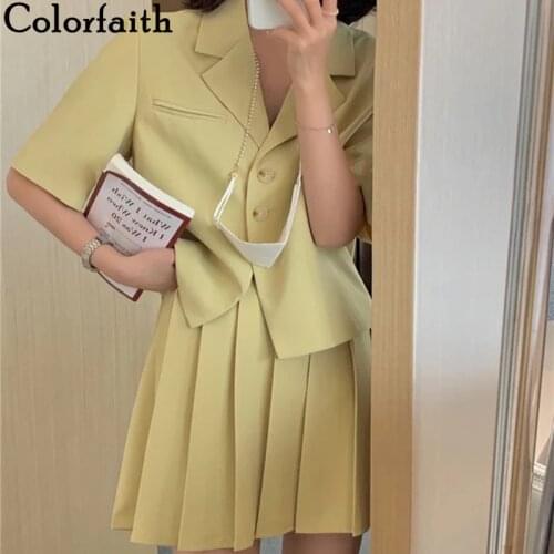 Colorfaith 2021 New Summer Women Sets 2 Piece Outfits Blazers Matching Short Skirt Office Lady Vintage Fashionable Suit WS1759